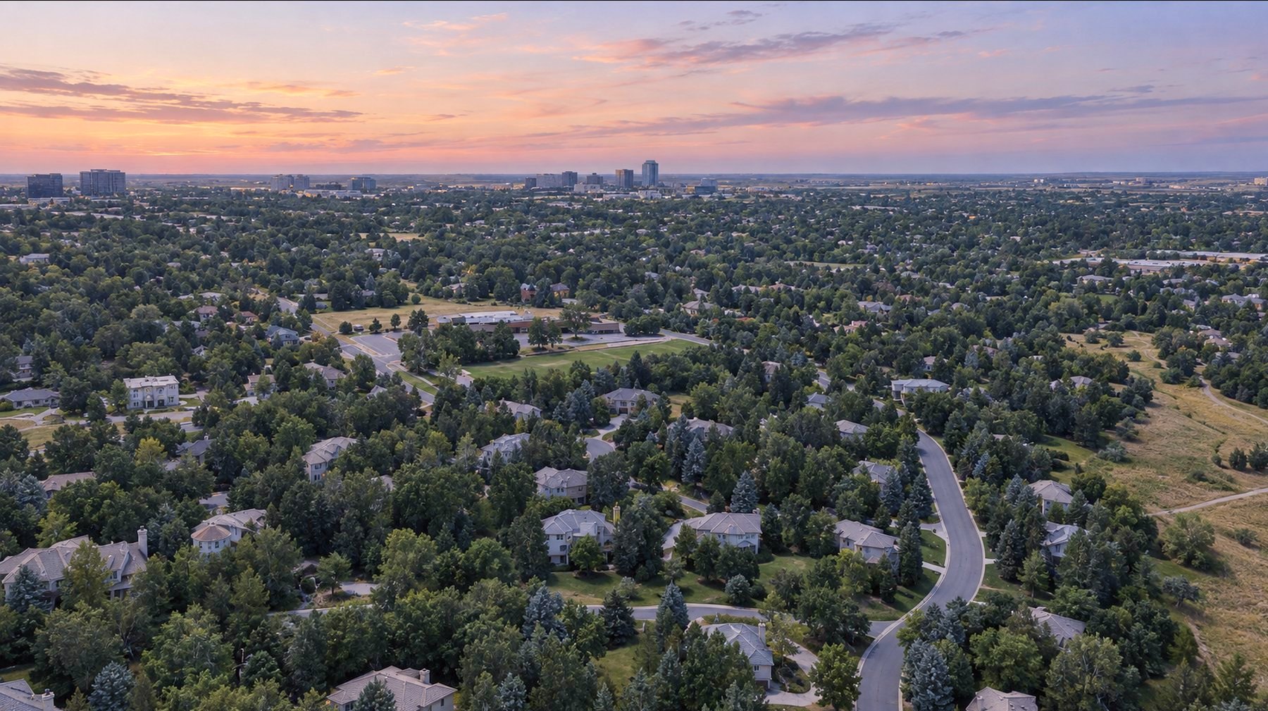 The Preserve in Greenwood Village at dusk, looking toward the Tech Center