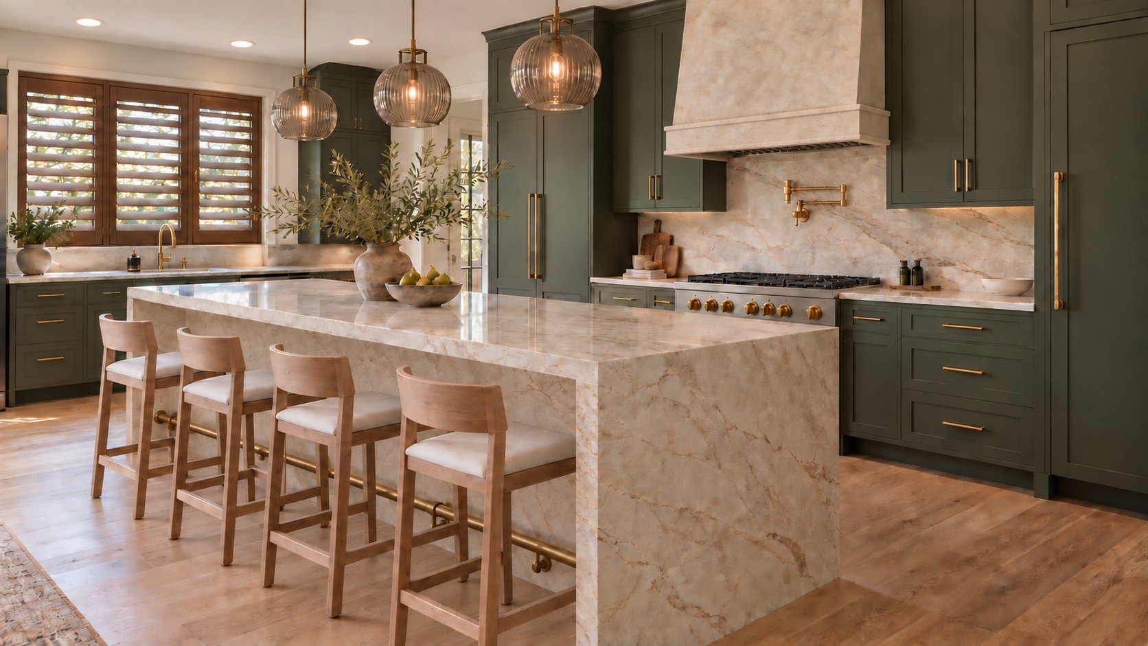A kitchen with green cabinets, a stone island and brass fittings