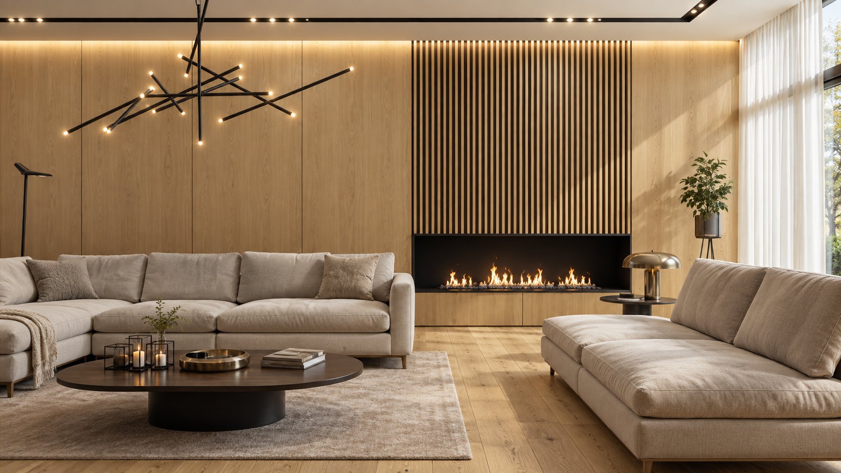 A living room with oak paneling, a linear fireplace and cream sofas